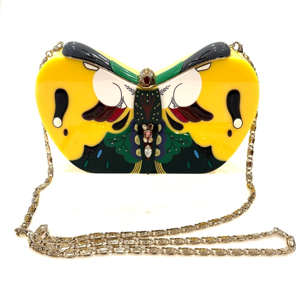 Shiatzy Chen Yellow Butterfly Acrylic Clutch Bag with Chain Strap - Rare